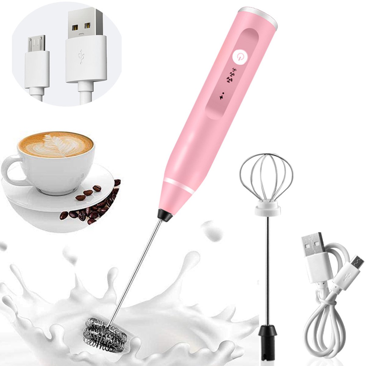 Handmatige Melkopschuimer - USB Oplaadbaar met 2 Opzetkoppen - Elektrische Latte & Cappuccino Melkopschuimer met 3 Snelheden - Voor Koffie - Warme Chocolade en Eieren - Roze