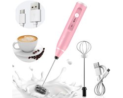Handmatige Melkopschuimer - USB Oplaadbaar met 2 Opzetkoppen - Elektrische Latte & Cappuccino Melkopschuimer met 3 Snelheden - Voor Koffie - Warme Chocolade en Eieren - Roze