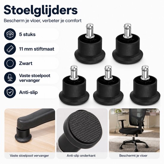 Set van 5 zwarte stoelglijders, 11mm stiftmaat, met anti-slip onderkant.