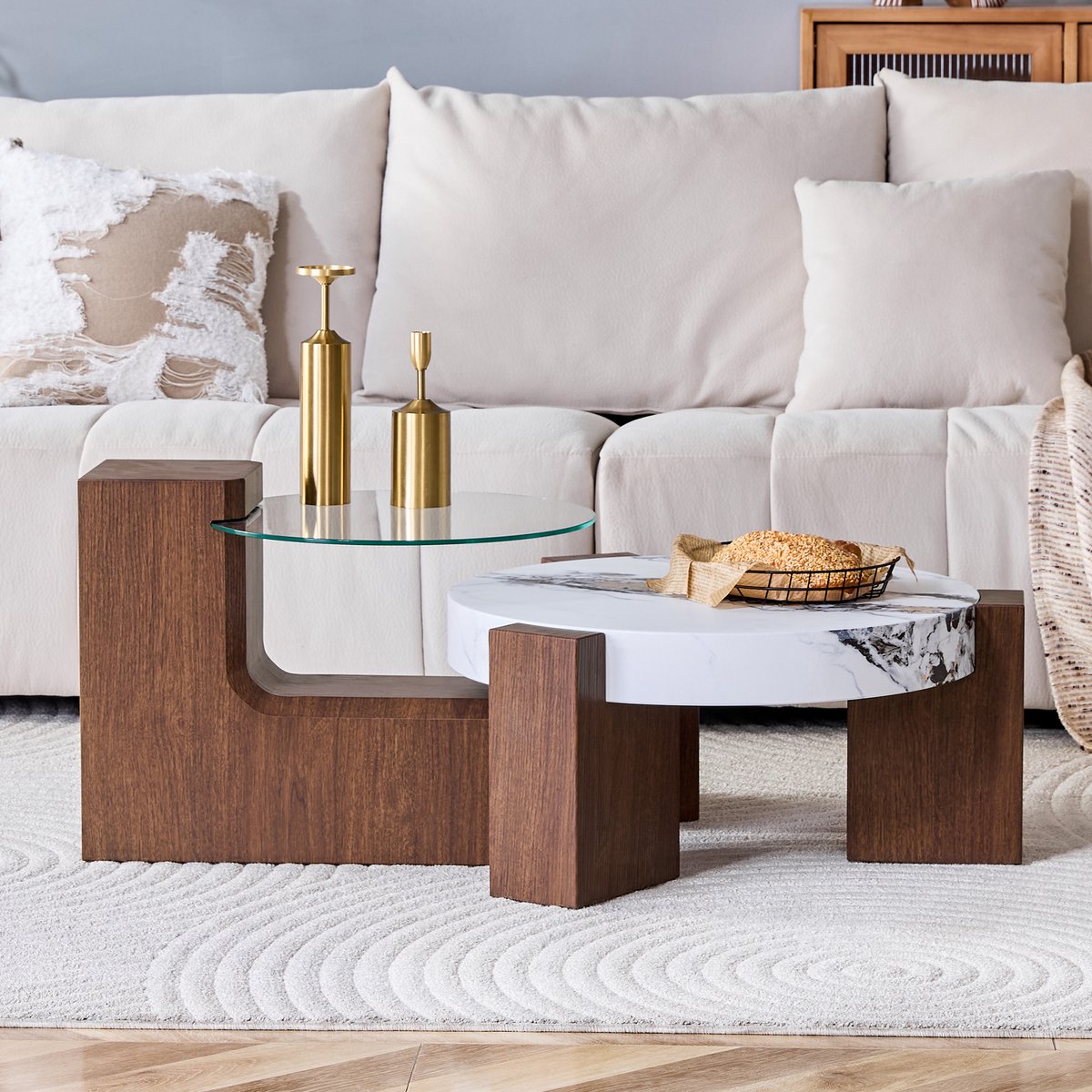 DESMIU Ronde Salontafel Set - 2 In 1 Design Met Afneembare Bijzettafels - Voor Woonkamer, Balkon En Slaapkamer - MDF, Glas - Walnoot En Wit - 61 Cm En 44 Cm