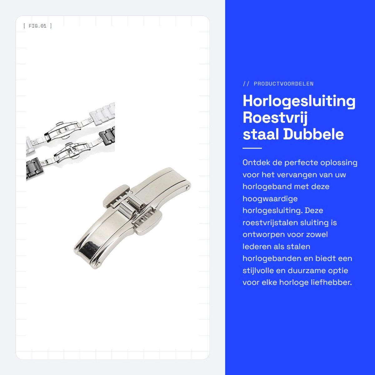 Dailygoods- Horlogeband Roestvrij Staal - Horlogesluiting - Vervanging - Dubbele Gespsluiting - 6 Maten - Lichtgewicht Accessoire