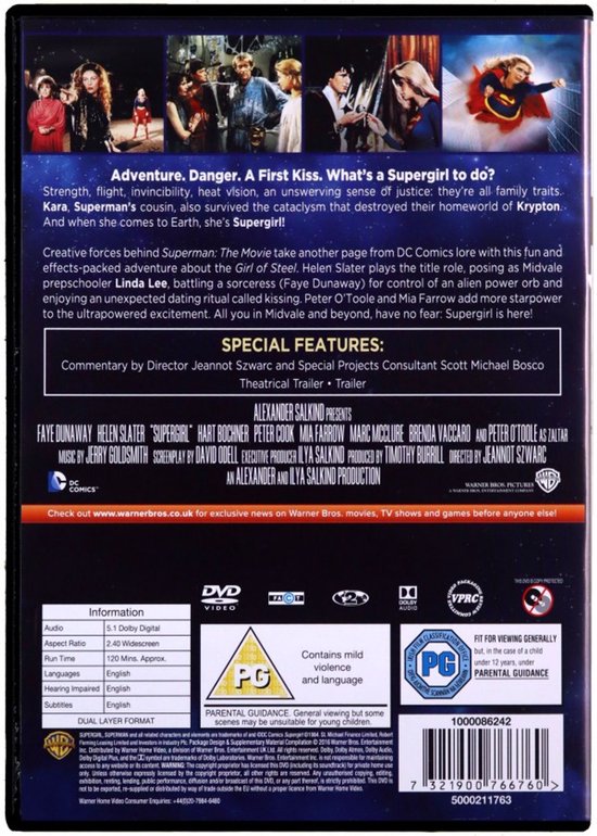 Achterkant van de Supergirl dvd met filmdetails, cast en special features.
