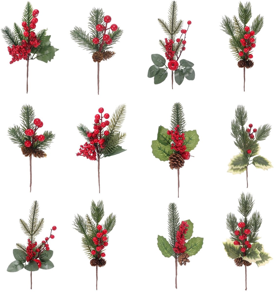 Dailygoods- Kunstkersttakken 12 Stuks - Dennentakken met Rode Bessen - Dennenappels - Kunstmatige Takken - DIY Decoratie - Afmeting 29 cm - Kerstdecoratie