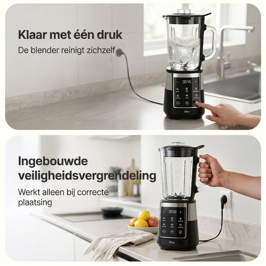 Bovenste deel: hand drukt op de startknop van een blender met water in de kan. Onderste deel: hand houdt blender vast.