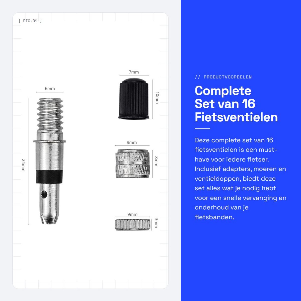 Dailygoods - Complete Set van 16 Fietsventielen met Adapter en Doppen