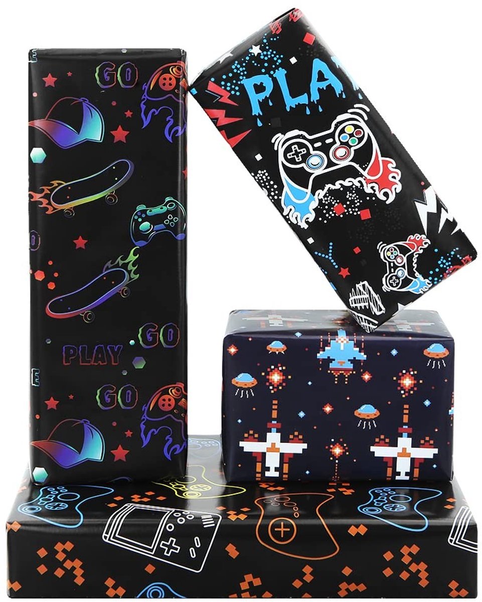Dailygoods- Inpakpapier Game Thema - 4 Vellen - 50 x 70 cm - Geschikt voor Verjaardag - Cadeaupapier Kinderen - Sterk en Zacht Materiaal