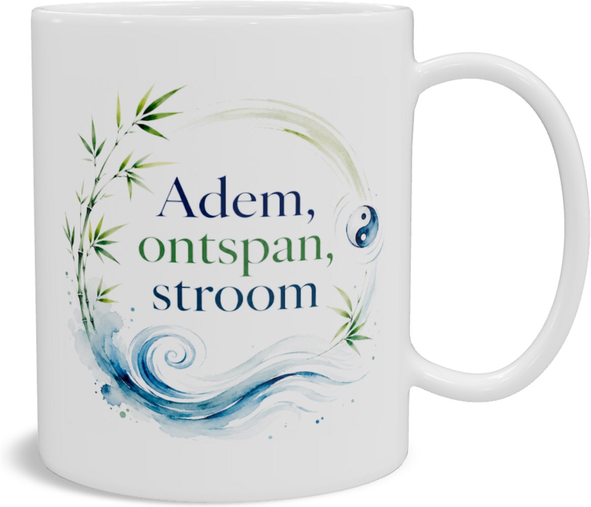 Mok met Tekst - Adem, ontspan, stroom - Tai Chi Cadeau - Koffiemok met Bamboe Aquarel - Zen Beker met Inspirerende Quote - Dubbelzijdig Bedrukt - 330 ml — cadeau in Kookcadeaus - foto 2