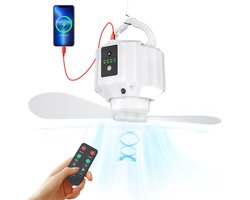 Camping ventilator met Lamp – 5200mAh Batterij & 20u Looptijd – 3 Snelheden & Helderheid – Afstandsbediening & Timer – Stille Borstelloze Motor – Voor Camping, Tent & Buiten