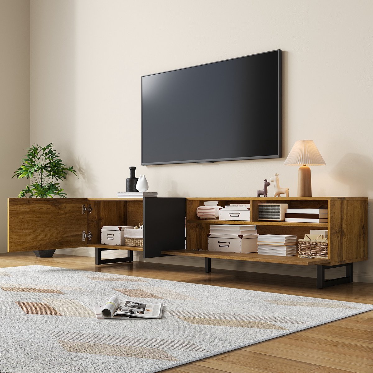 DESMIU Tv Meubel - Contrastdesign Met 3 Deuren En 2 Open Vakken - Retro Opbergkast Voor Woonkamer - Spaanplaat En Metaal - 170x42x36,5 Cm Houtkleur