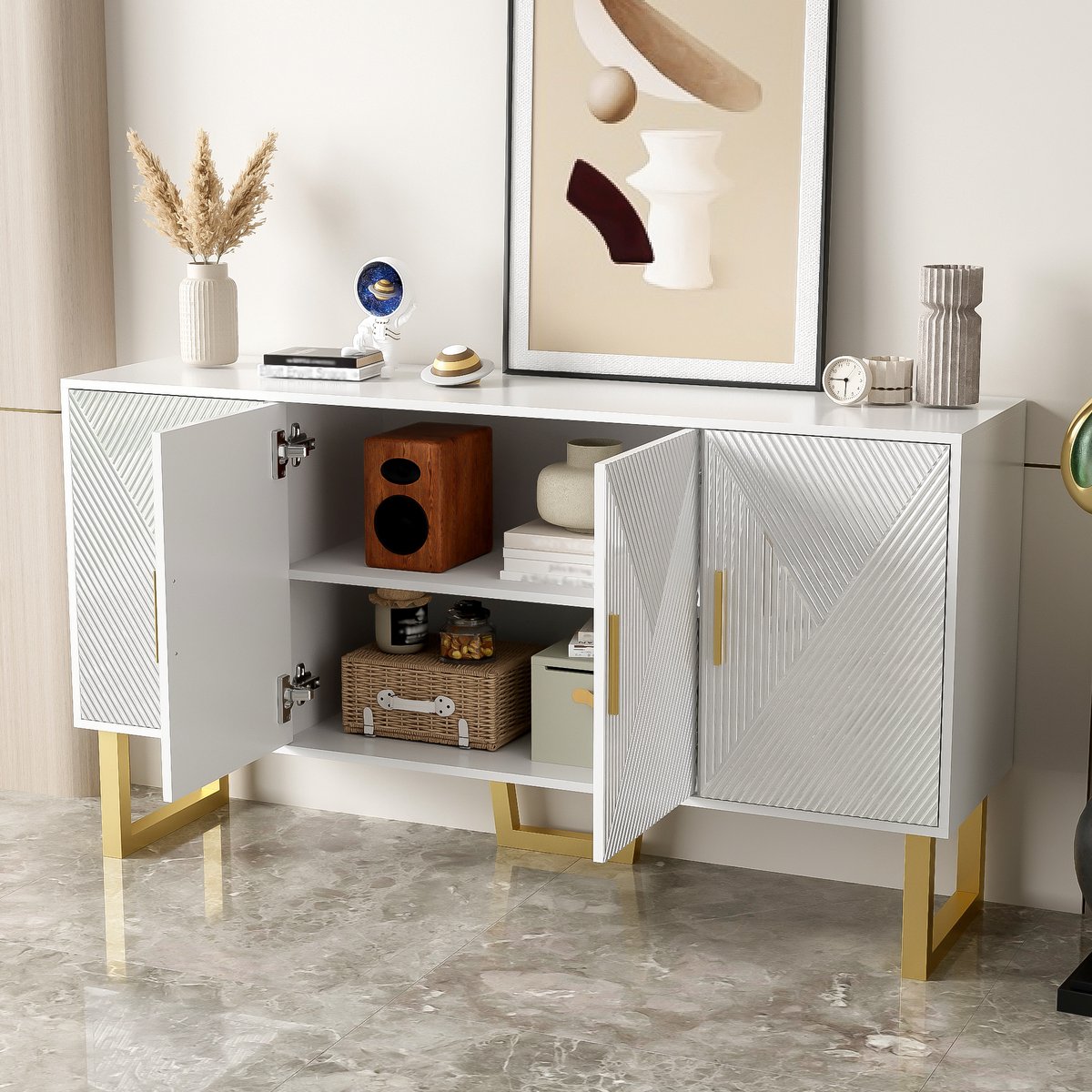 DESMIU Dressoir - Hoogglans Deuren Met Verstelbare Planken - 4 Deuren Voor Woonkamer En Eetkamer - MDF En Spaanplaat - 150x40x82 Cm - Wit