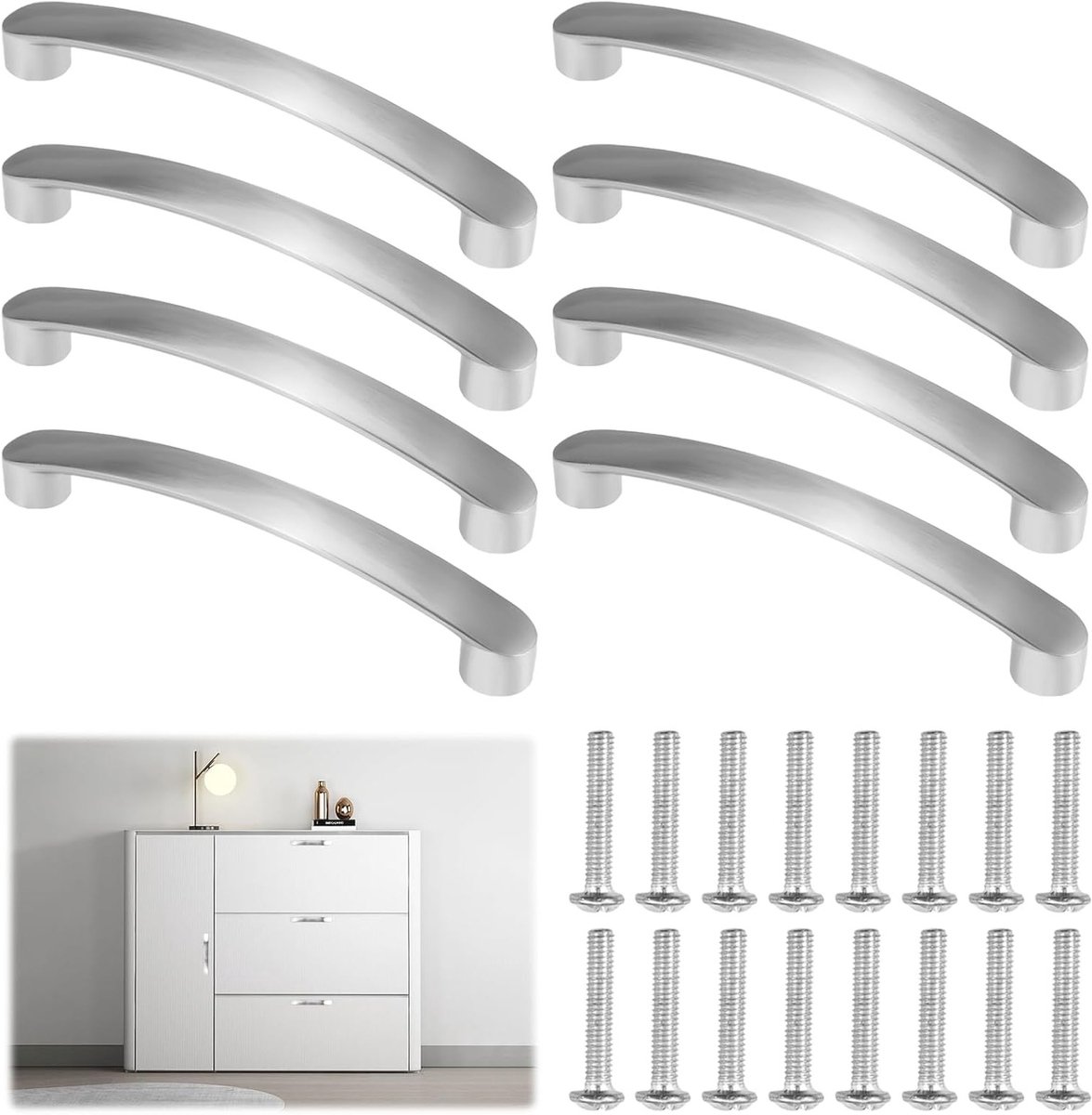 8 Stuks Keukenhandgrepen voor Keukenkastjes, Laden en Meubels - Geborsteld Zilver, 96mm Boorgatafstand