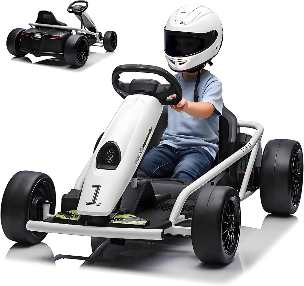 Elektrische kart voor kinderen 24 V – Elektrische auto met driftfunctie – 2 krachtige motoren van 300 W – Zachte start, muziek en claxon, volledig metalen frame – Voor kinderen van 8 tot 12 jaar – Wit