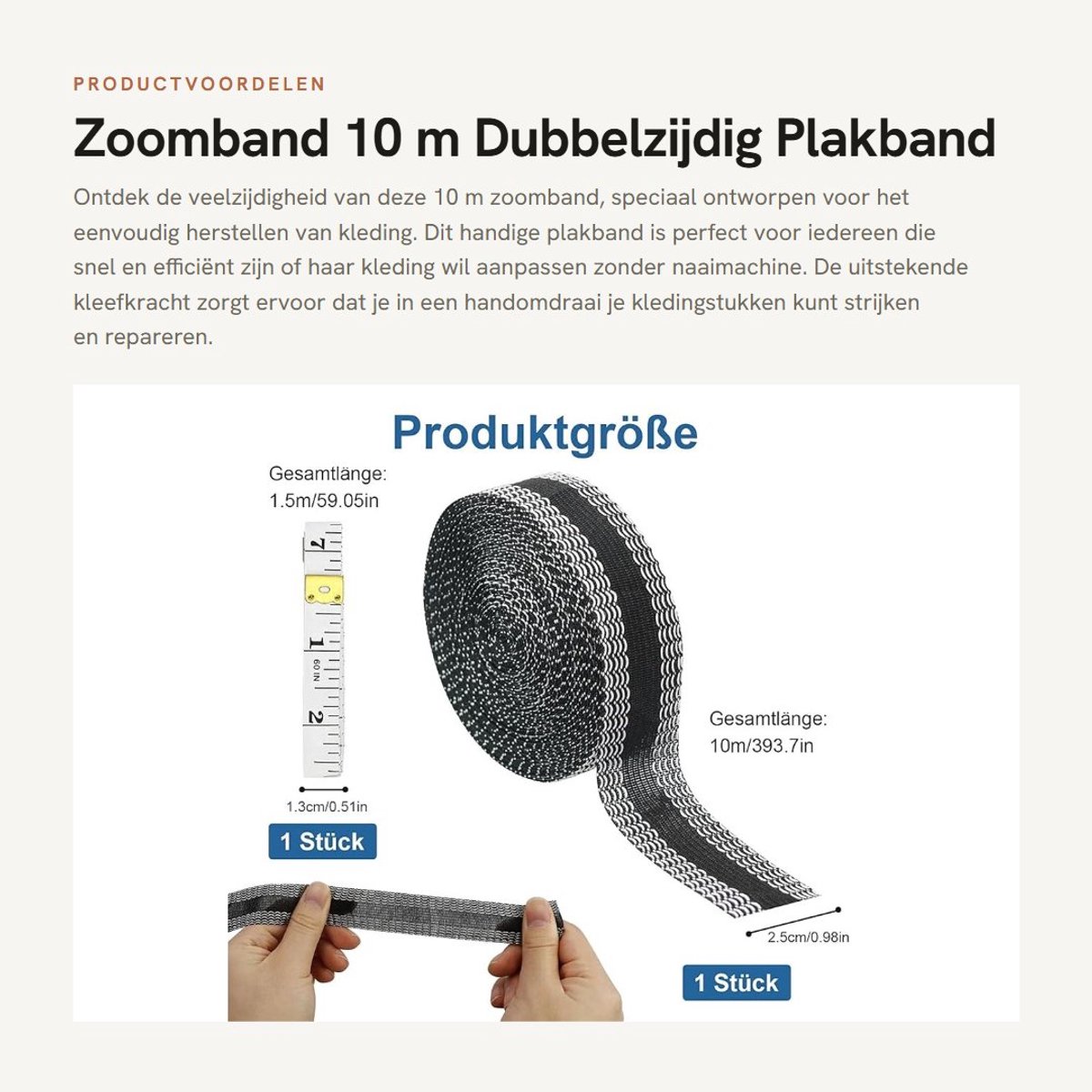 Dailygoods- Zoomband 10 m - Strijkband - Plakband voor Kleding - Dubbelzijdig Meetlint 1,5 m - Uitstekende Hechting - Voor Naadloze Afwerking - Kledingband