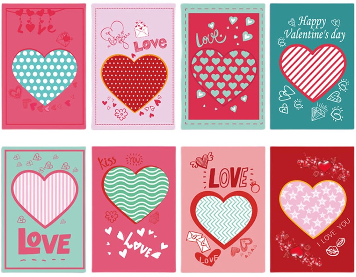Dailygoods- Wenskaartenset 8 Stuks - Roze/Turquoise - Hartdesign - Romantische Kaarten - Hoogwaardig Papier - Perfect voor Valentijnsdag - Valentijnskaarten