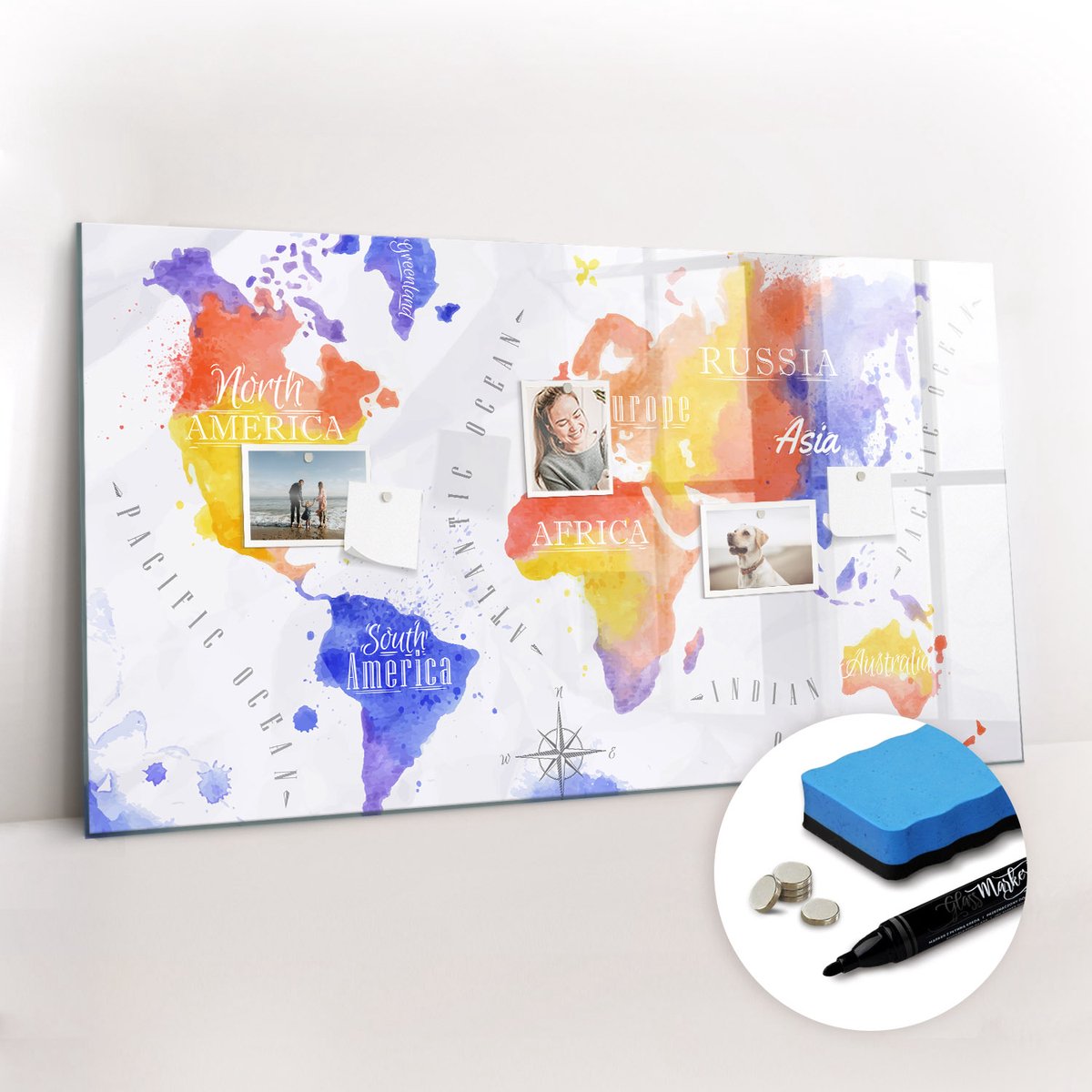 Tulup Whitebord - Geschilderde wereldkaart - 120 x 60 cm - Veelkleurig Memobord Keuken - Gratis 5 Sterke Magneten + Whiteboard Marker & Wisser - Stylish Memo Board - Magneetbord Rechthoekig - Planning Muur