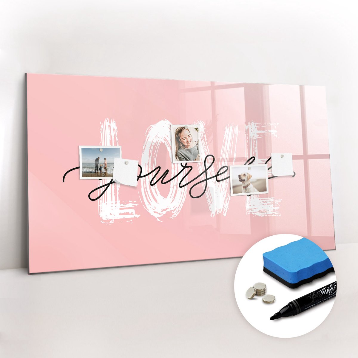 Tulup Whitebord - Houd van jezelf (tekst) - 120 x 60 cm - Roze Magnetisch Bord - Gratis 5 Sterke Magneten + Whiteboard Marker & Wisser - Industrieel Wandbord - Magneetbord Foto - Productiviteit Tools