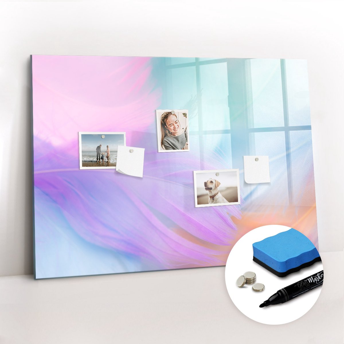 Tulup Whitebord - Kleurrijke veren - 100 x 70 cm - Veelkleurig Magneetbord Keuken - Gratis 5 Sterke Magneten + Whiteboard Marker & Wisser - Moderne Wanddecoratie - Magnetisch Bord - Organiseer Je Bureau