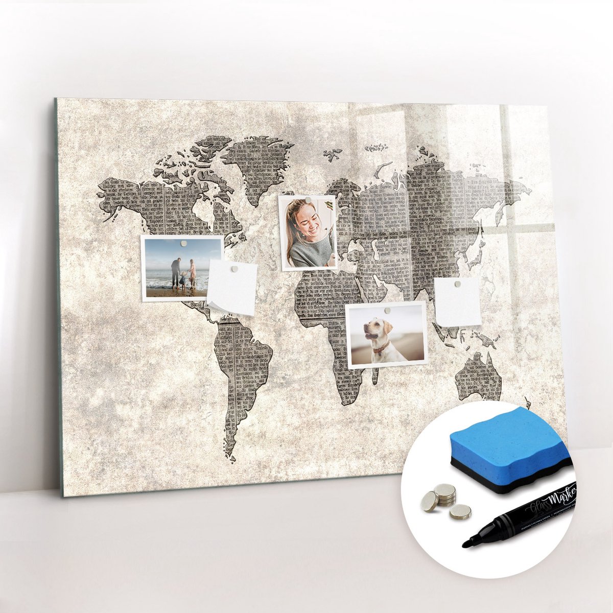 Tulup Whitebord - Wereldkaart in kranten - 100 x 70 cm - Beige Memobord Keuken - Gratis 5 Sterke Magneten + Whiteboard Marker & Wisser - Minimalistisch Prikbord - Magnet Board - Planning Muur