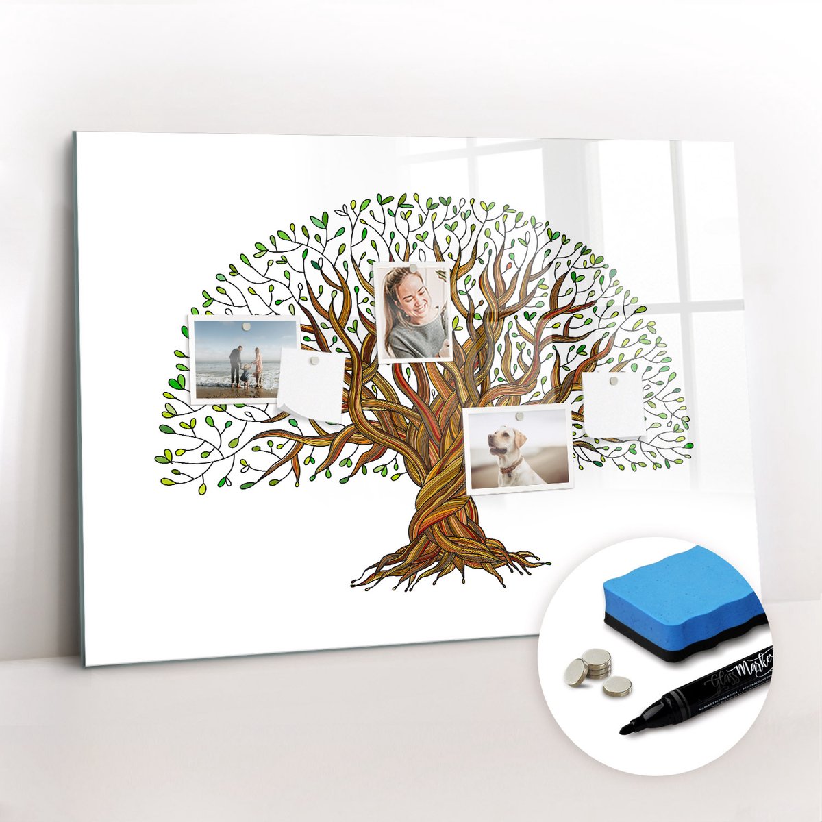 Tulup Whitebord - Boomwortels - 100 x 70 cm - Bruin Memobord Glas - Gratis 5 Sterke Magneten + Whiteboard Marker & Wisser - Decoratief Magnetisch Bord - Memobord Keuken - Inspiratiebord Kantoor