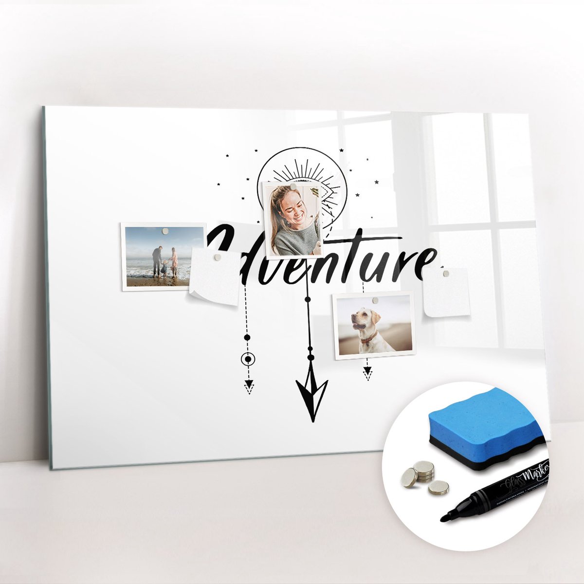 Tulup Whitebord - Avontuurlijke reizen - 90 x 60 cm - Wit Magnetisch Bord - Gratis 5 Sterke Magneten + Whiteboard Marker & Wisser - Decoratief Magnetisch Bord - Memo Magneetbord - Ideeënbord Thuiswerkplek