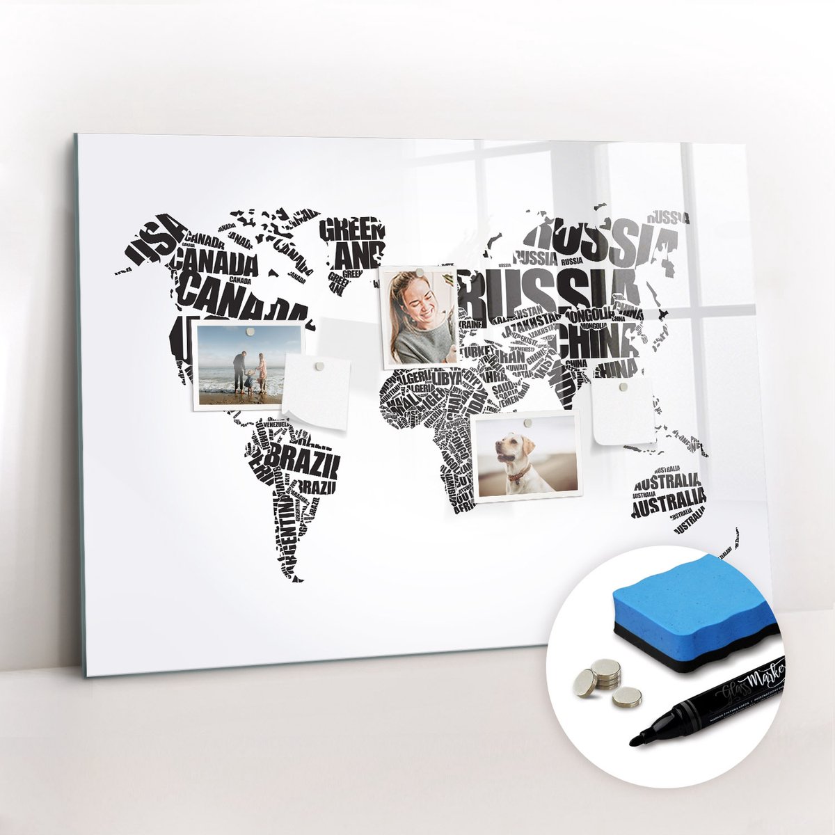 Tulup Whitebord - Wereldkaart met ondertitels - 100 x 70 cm - Zwart-wit Magneetbord Keuken - Inclusief Gratis Magneten & Marker & Spons - Scandinavisch Design Bord - Magneetbord Rechthoekig - Notitiebord Werkplek