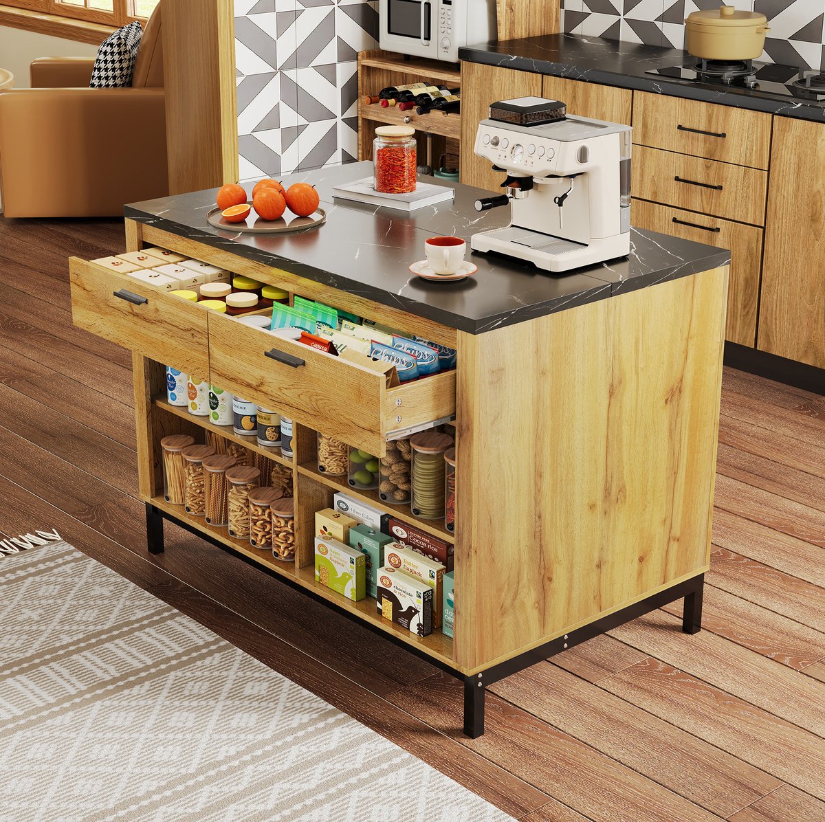 HAUSS SPOLE Keukenkast - Keukeneiland In Landhuisstijl Met 2 Lades En 4 Open Vakken - Voor Keuken En Barhoek - MDF - 120x75x90 Cm - Zwart Natuurlijk