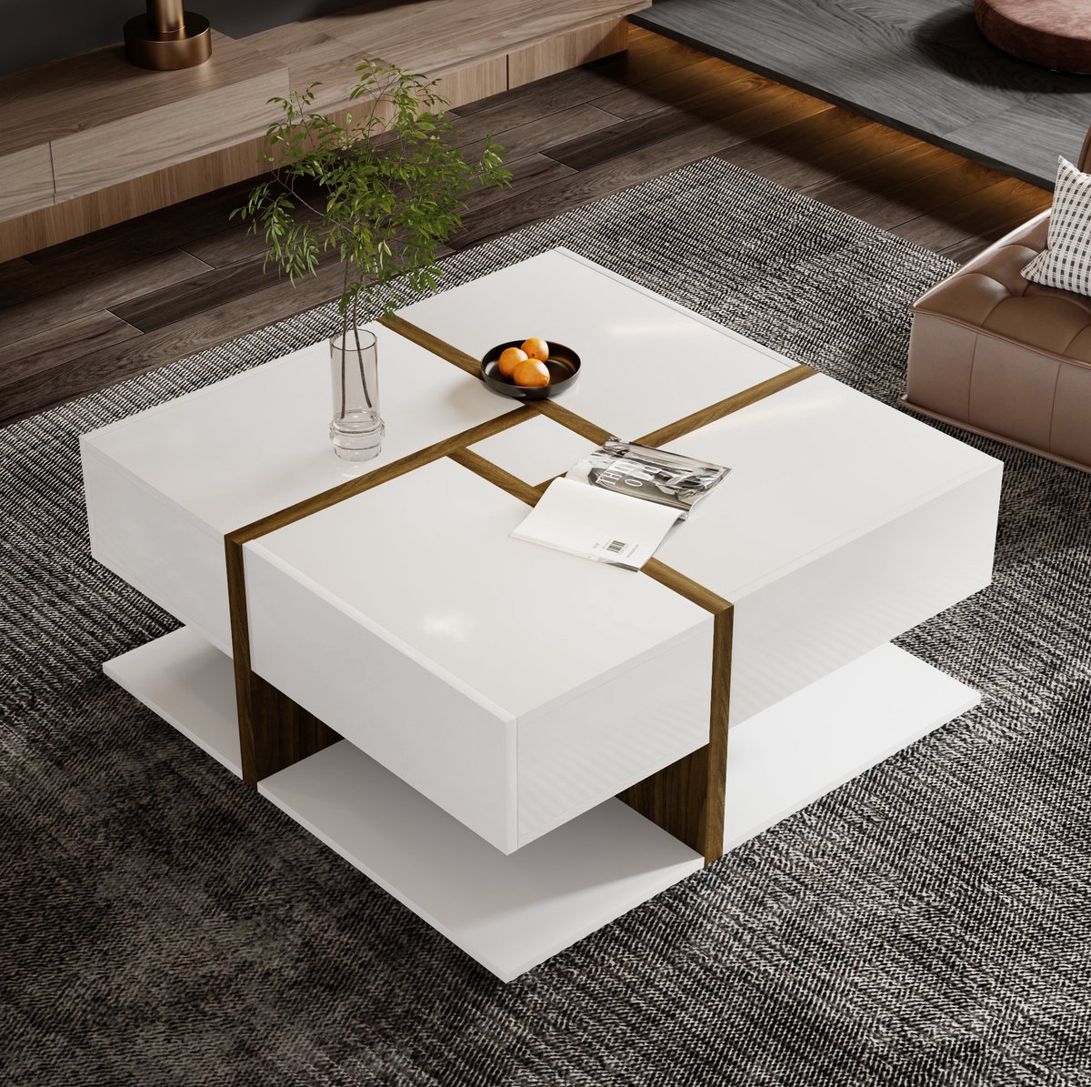 HAUSS SPOLE Salontafel - Hoogglans Vierkante Tafel Met 4 Lades En Onderplank - Voor Woonkamer - Spaanplaat - 78x78x34,8 Cm - Wit Houtkleur