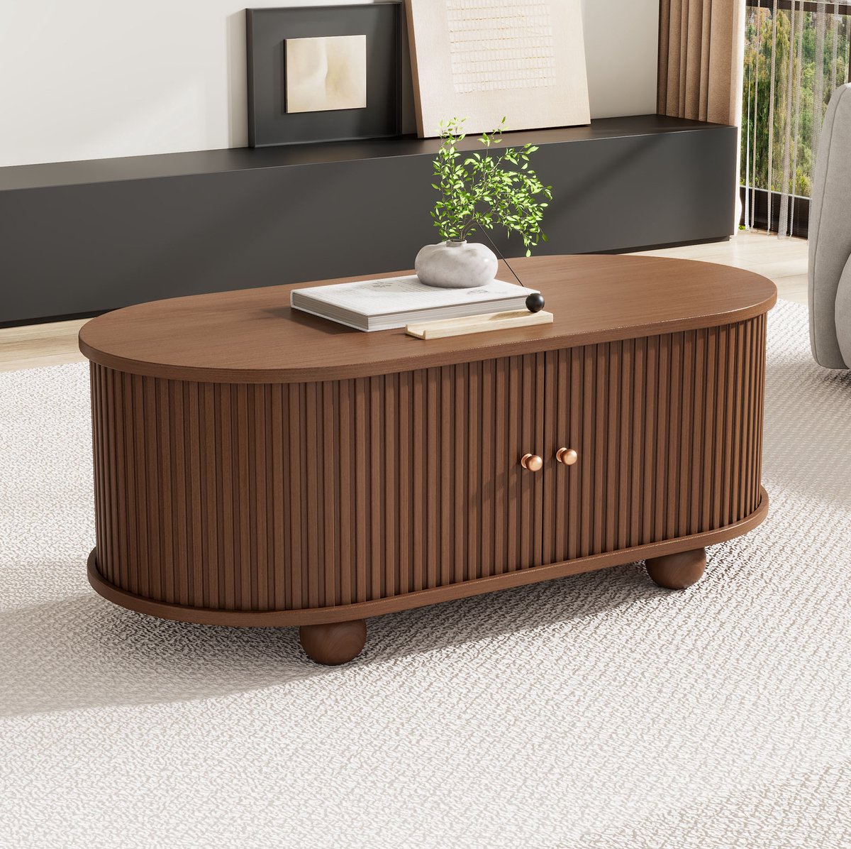 HAUSS SPOLE Salontafel - Ovale Tafel Met Schuifdeuren En Opbergruimte - Voor Kleine Woonkamer En Bij Sofa - MDF - 100x50x40 Cm - Walnootkleur