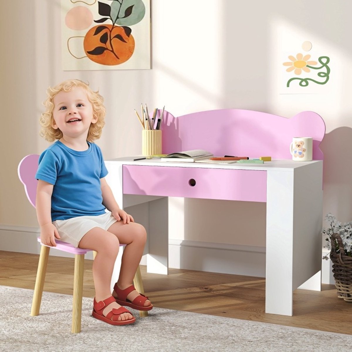MEUNIQ kinderbureau met stoel 80 x 41 x 74,5 cm met lade en berenvorm rugleuning, kinderschrijftafel set voor schrijven, lezen en knutselen in slaapkamer of speelkamer, roze
