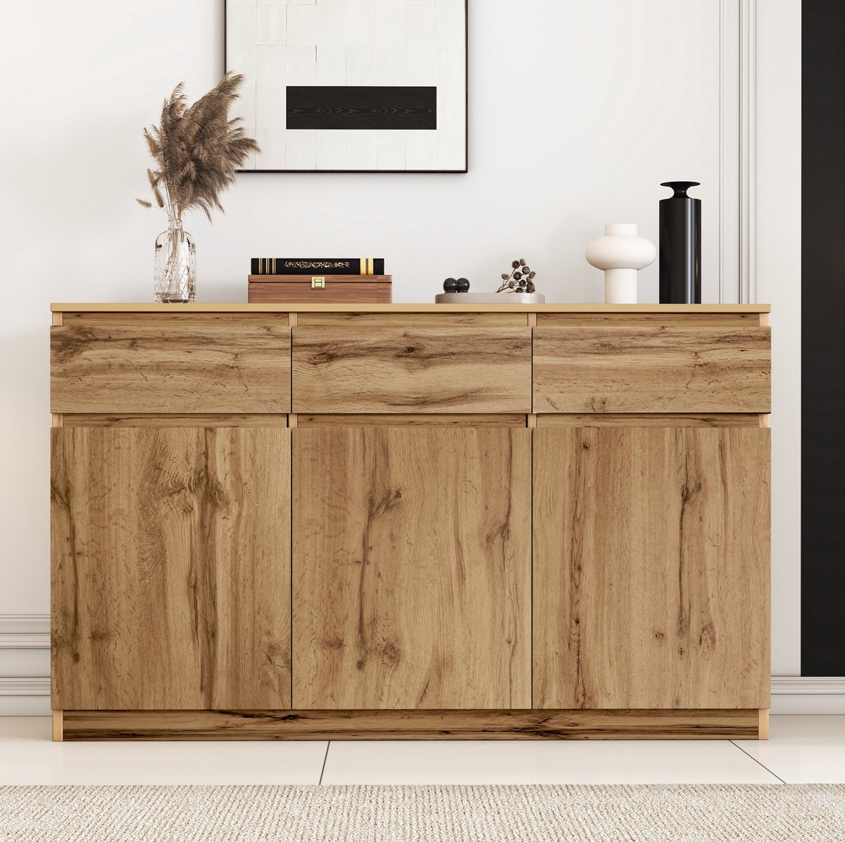 HAUSS SPOLE Dressoir - Houtlook Met 3 Deuren En 3 Lades - Veel Opbergruimte Voor Woonkamer Hal Of Eetkamer - Spaanplaat - 135x40x81 Cm