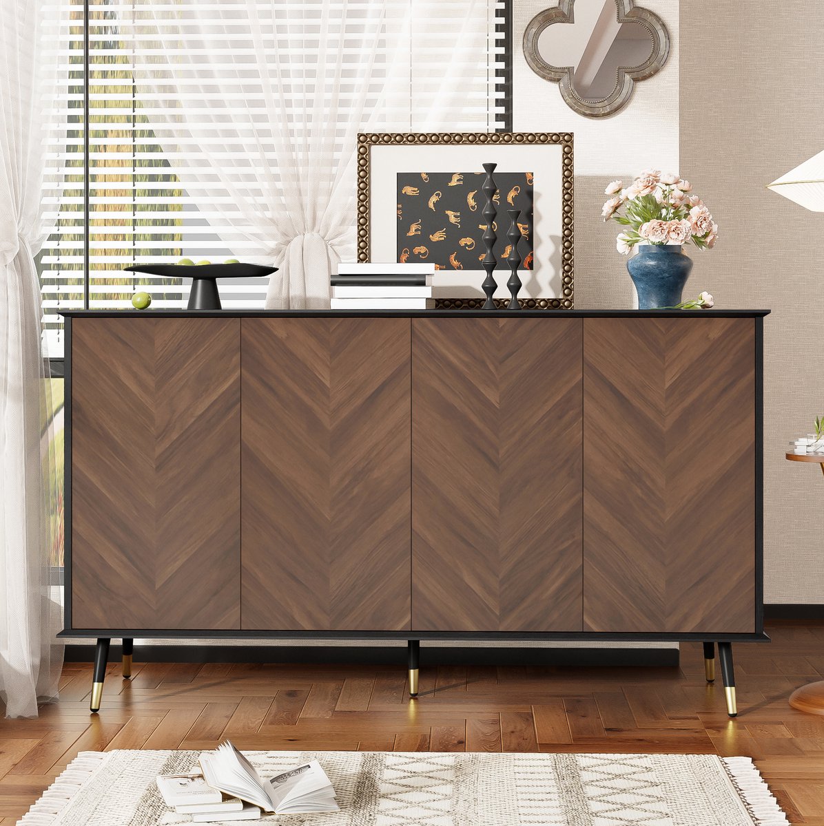 STILVORA Dressoir - Visgraatmotief Met 4 Deuren En Verstelbare Planken - Voor Woonkamer Hal En Eetkamer - MDF - 140x40x80 Cm - Zwart;Bruin