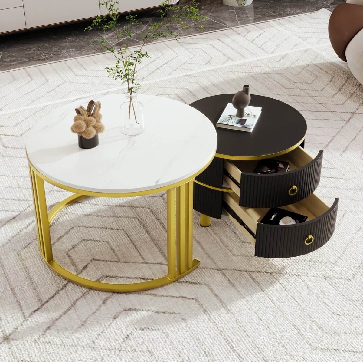 HAUSS SPOLE Salontafel - 2-Delige Ronde Salontafelset Met 2 Lades En Hoogglans - Voor Woonkamer En Kleine Ruimtes - MDF - 70x70x46 Cm - Zwart Goud