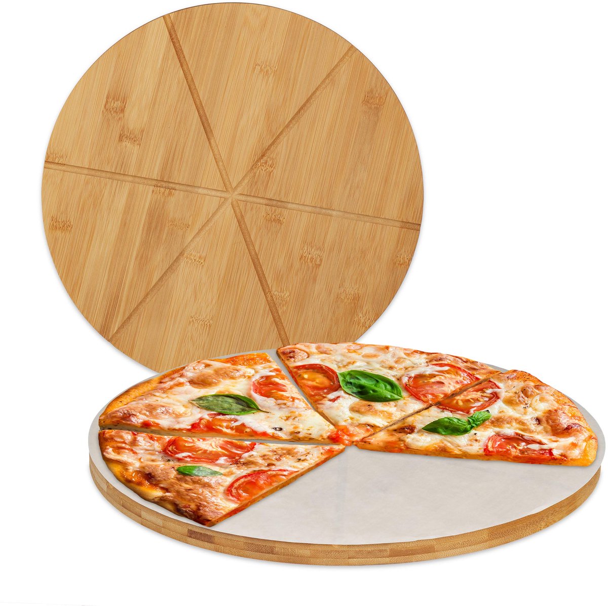 Bamboe, rond pizzabord, Ø 33 cm, incl. bakpapier, pizza serveerplank met groeven, natuur