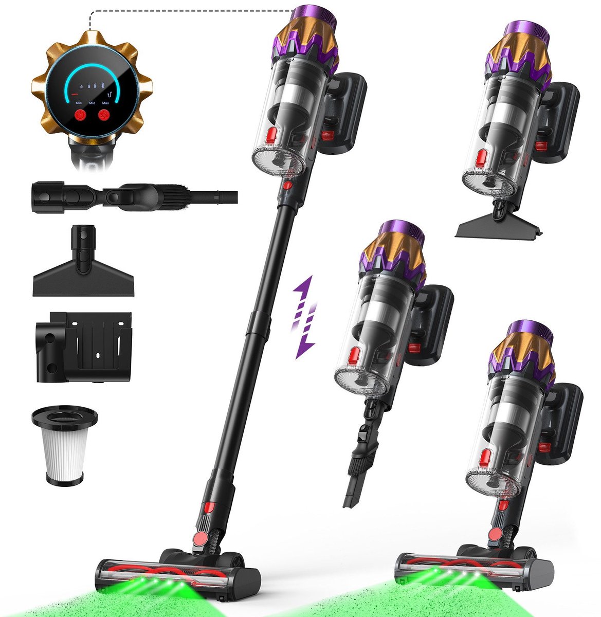 Lubluelu P6 Draadloze Steelstofzuiger 45Kpa- 5 in 1 Handstofzuiger - Zelfstaand Design - 50 Min Gebruikstijd - Verwijderbare Batterij- Anti-klit Borstel - HEPA-filter - LED-koplampen
