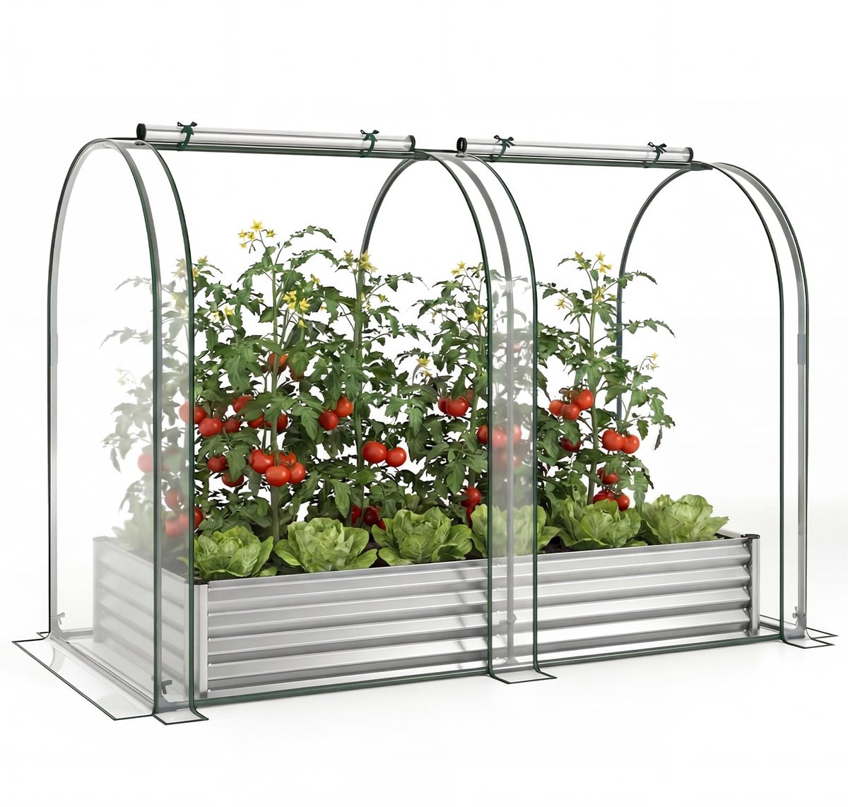 Broeikas met verhoogd bed, 180 x 100 x 145 cm, verhoogde broeikas met pvc-afdekking en 2 ramen, foliekas voor kruiden, bloemen en groenten, bloembak voor tuin (zilver)