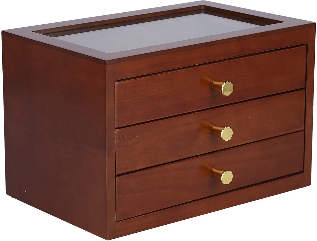 3 Lagen Houten Juwelendoos voor Dames - Grote Juwelendozen met 3 Laden, Juwelen Opbergdoos voor Ringen, Oorbellen, Armbanden, Kettingen(bruin)