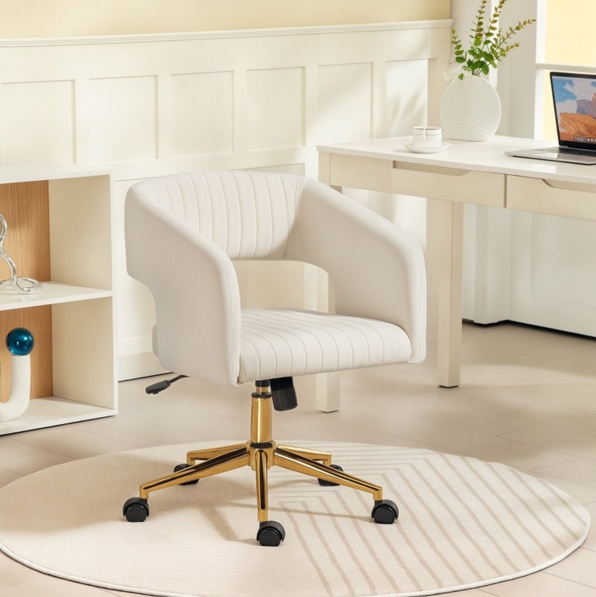 Wishdor - Bureaustoel - Hoogteverstelbaar met kantelfunctie en 360° draaibaar - Modern - Thuiswerk en kantoor - Stoflook - Crème wit - 61 x 62 x 76-84 cm