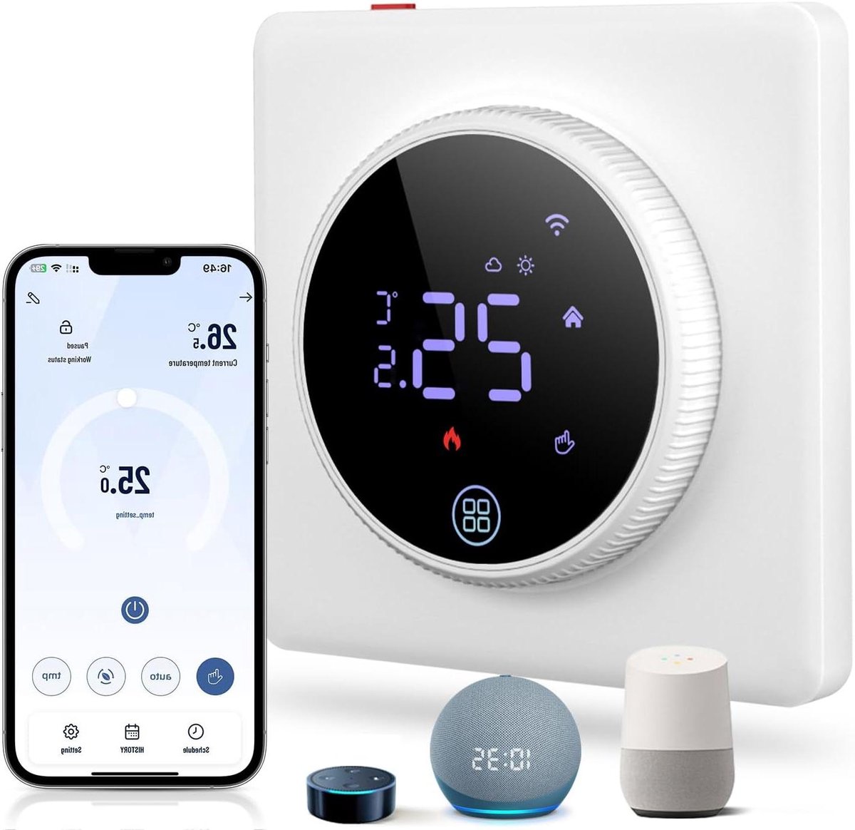 Vloerverwarming Thermostaat - Slimme Kamerregelaar - Energie Besparen - App en Spraakbediening - 10.6 x 9.4 x 6.9 cm - Wit