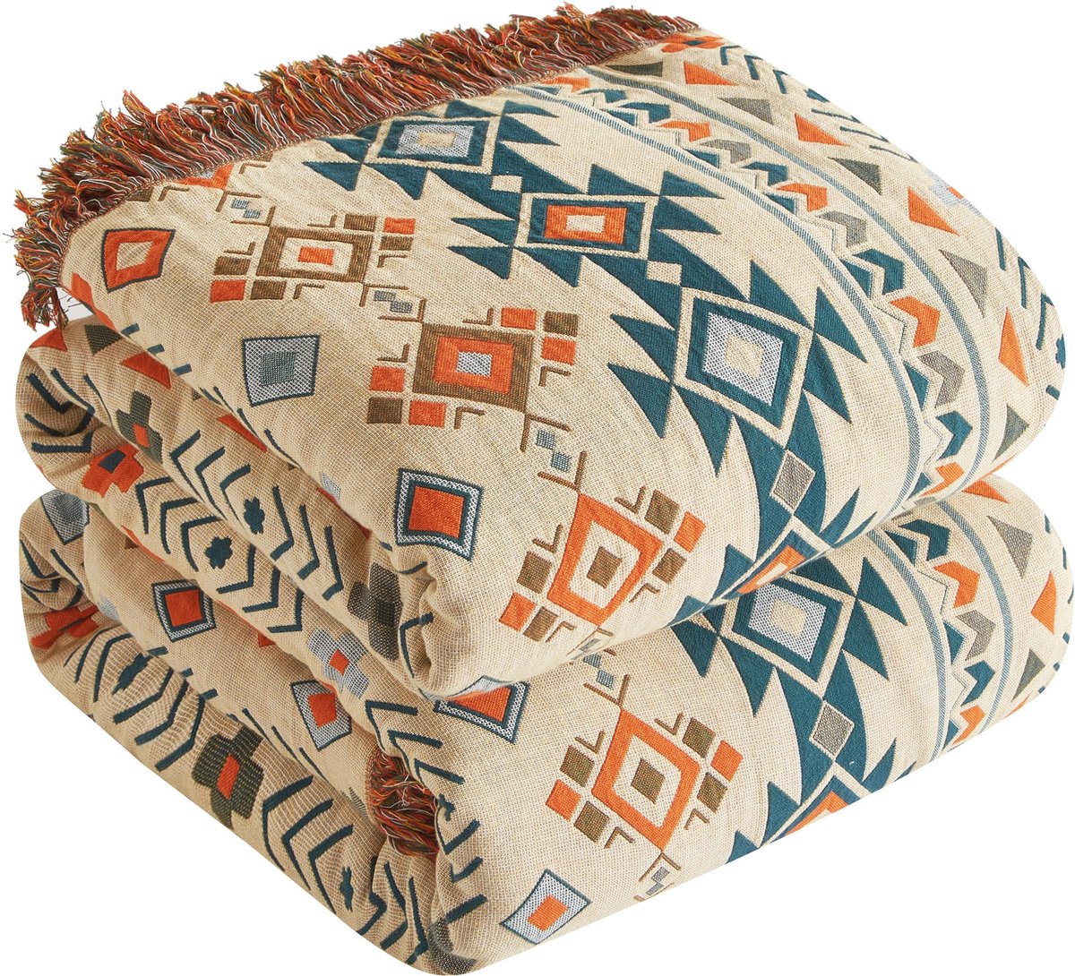 SOFTEXLY Boho deken, 100% katoen, dubbelzijdige mousseline, boho-sprei, 150 x 200 cm, patchworkdeken, behaaglijke bankdeken en sprei, ideaal voor woonkamer en slaapkamer, beige/bruin