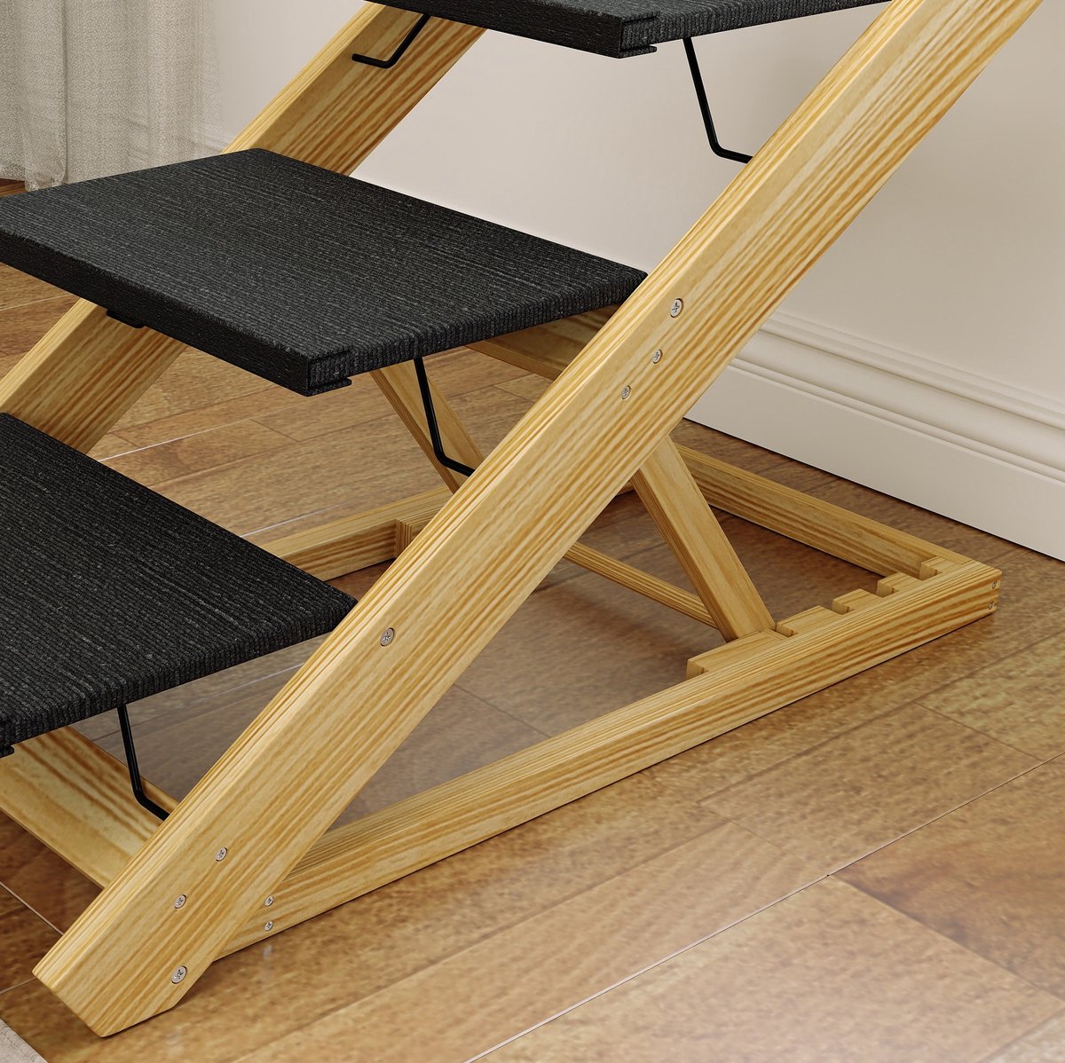 MEUNIQ 2-in-1 hondenloopplank en hondentrap 83 x 40 x 62,5 cm, 4 treden, verstelbaar, opvouwbaar, antislip, hout, voor bed en bank, naturel