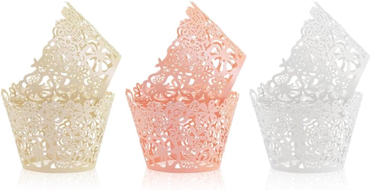 60 stuks cupcake wrappers kant papier bakken kopjes voeringen artistieke bloem gevallen filigraan bruiloft cupcake papier muffin kopjes voor bruiloft verjaardag feest jubilea decoratie (3
