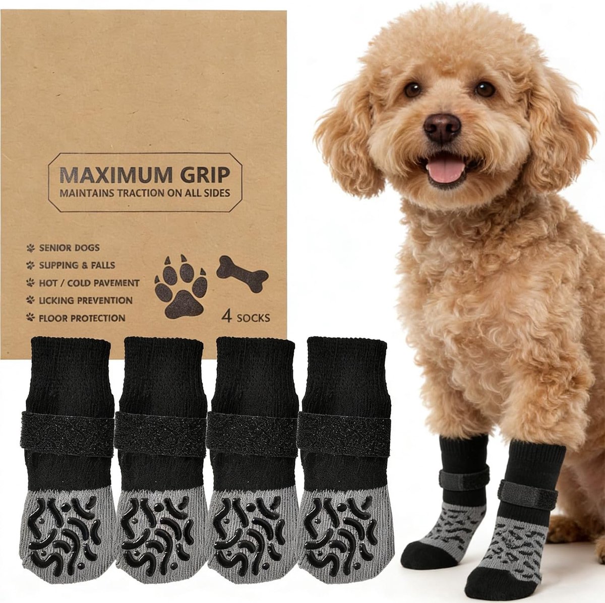 hondensokken 2 paar met handgrepen Stop met likken pootbeschermers voor oudere honden Verstelbare pantoffels Binnen hardhouten vloeren Tractie (zwart, S)
