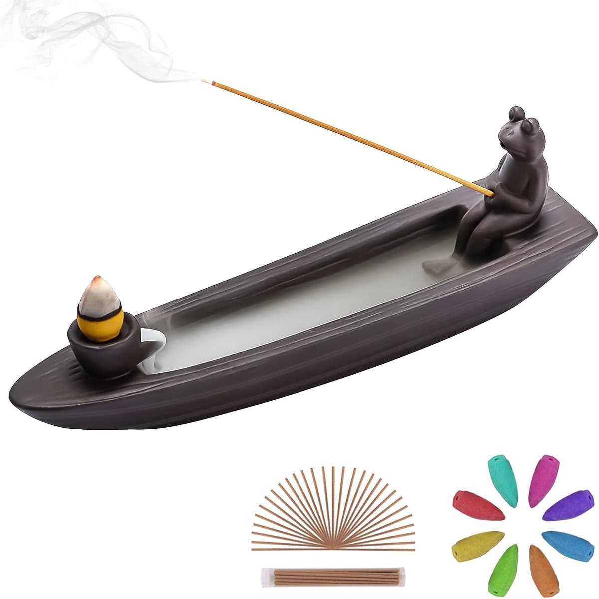 kikker waterval wierookbrander - Keramische Kegel Terugstromende Wierookbrander Rookfontein, met 45 Sandelhout Wierookstokje & 8 Kegeltje Wierook, Kikkerornament voor Aromatherapie/Yoga/Zen
