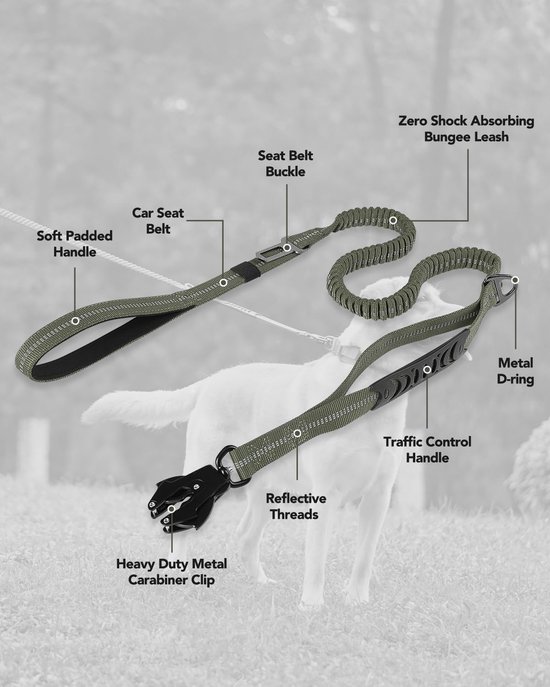 Tactische hondenriem, extra sterk, 1,2-1,8 m schokabsorberende bungee-lijn, 2 gevoerde handgrepen, metalen karabijnhaak, autogordel, sterke anti-trek lijn, middel- tot extra grote honden — afbeelding 5