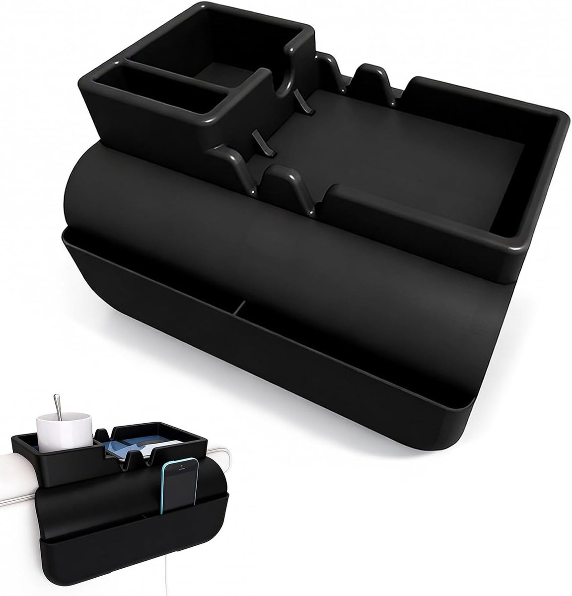 Sofa Armleuning Organizer met Opbergvak, Antislip en Lekvrije Tray, Inclusief Bekerhouder en Telefoonhouder, Ideaal voor Tablet en Accessoires, Perfect voor Woonkamer en Gezellige Avonden