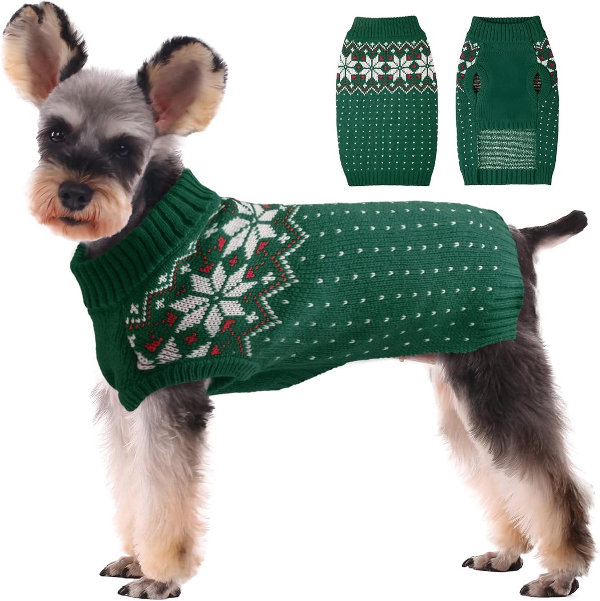 Hond Kat Gebreide Trui, Puppy Kerst Warm Gebreid Kleding Huisdier Winter Jumpvest, Sneeuwvlok Patroon Kleine Middelgrote Honden Rolkraag Koud Weer Trui voor Vakantie Kerstmis, Groen