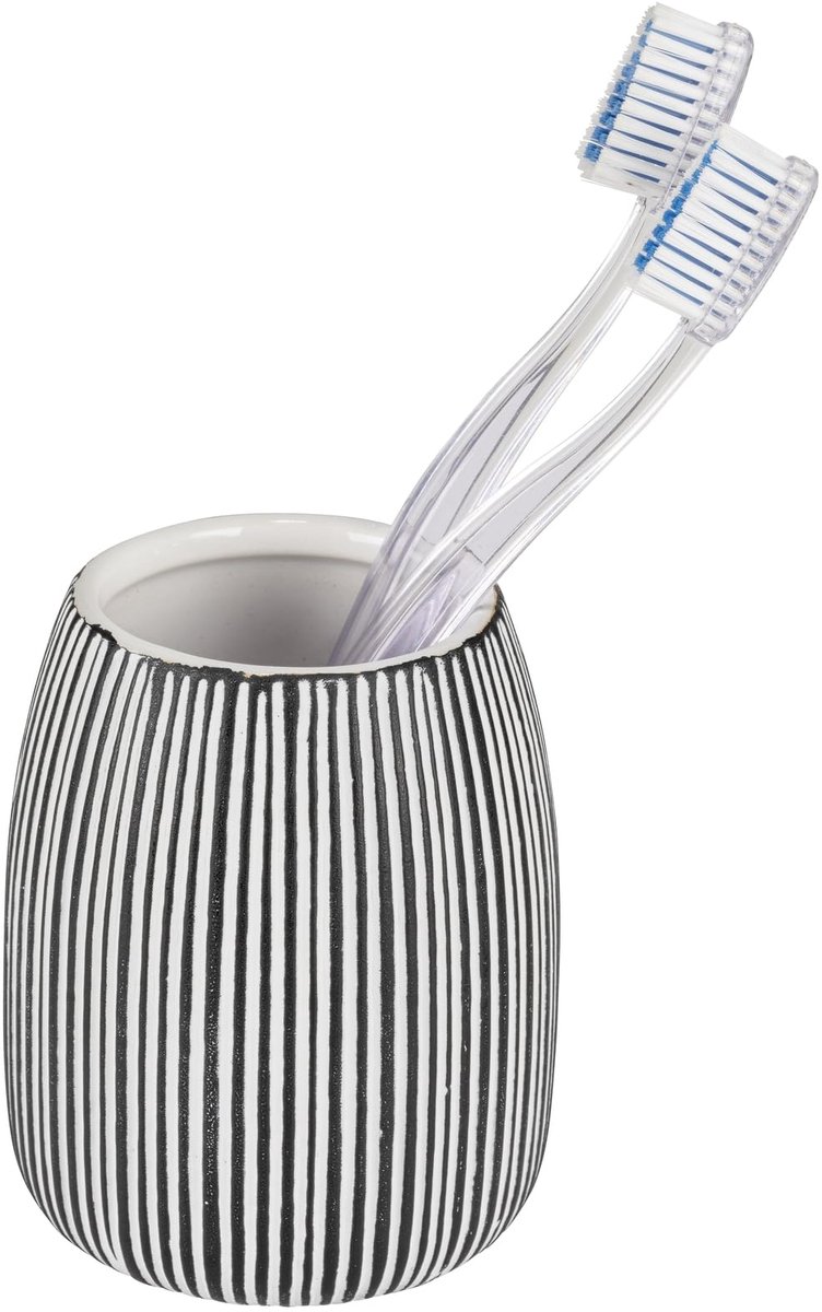 Tandenborstelbeker Mod. Pascoli hoogwaardige vrijstaande keramische cilinder gestructureerd oppervlak voor badkamer wit zwart Ø 9 cm H 10,5 cm