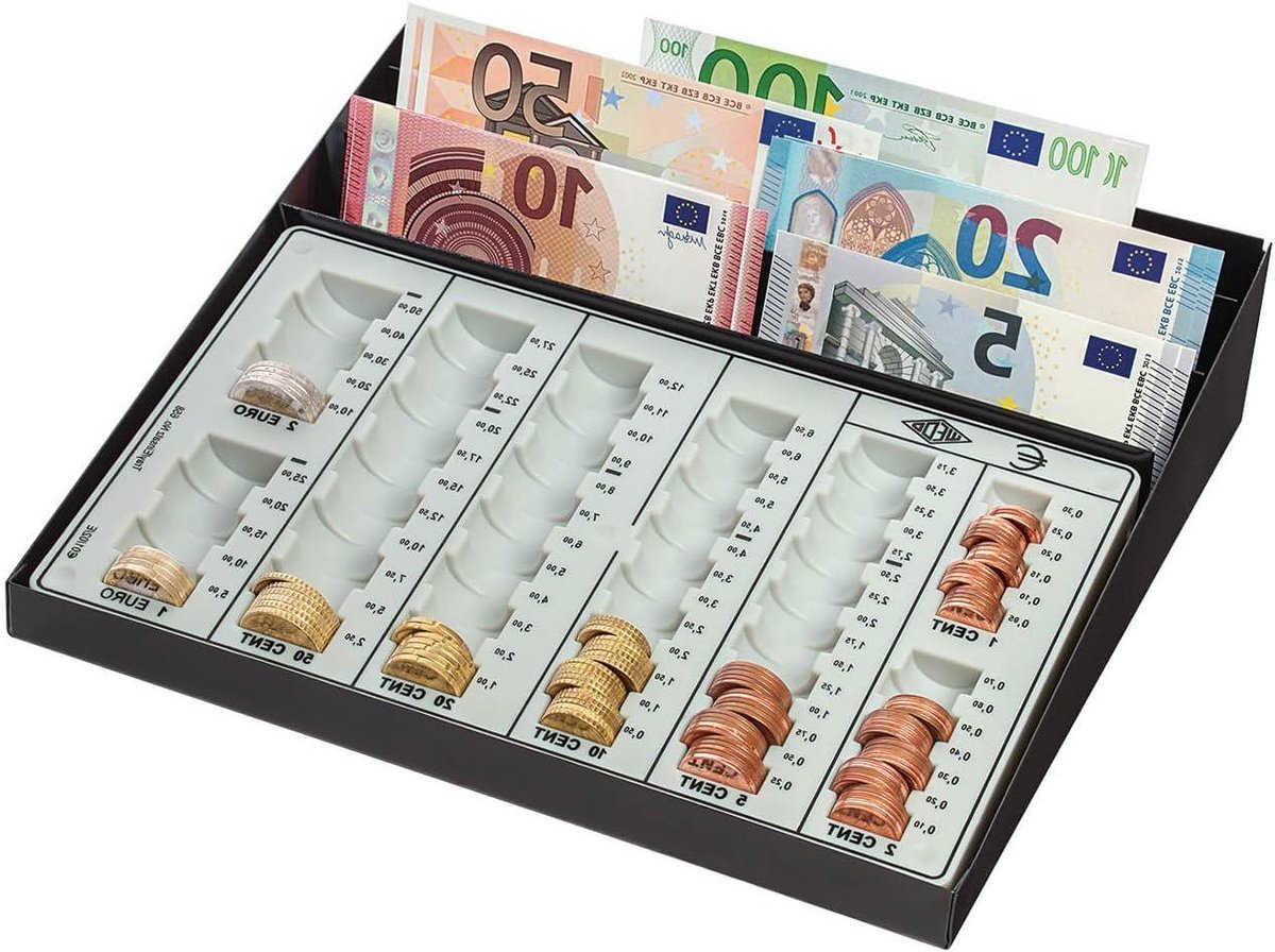 Telplank Geld - Kassateller Muntgeld - Geld Tellen - Met Waardeschalen - 27 x 25.5 x 6.5 cm - Zwart/Lichtgrijs