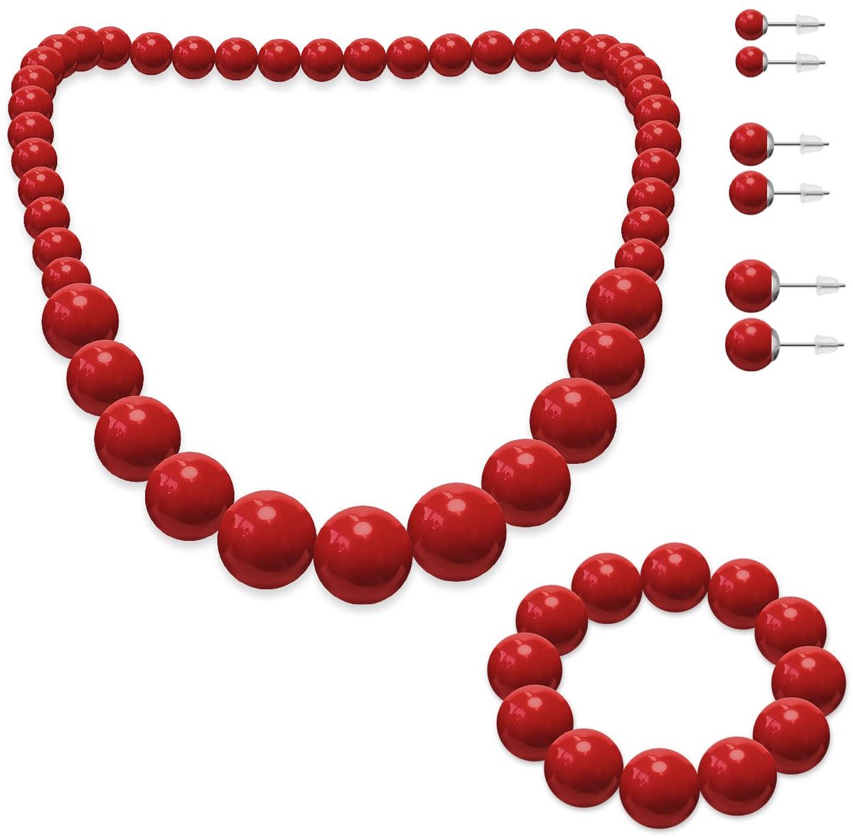 Parelketting, parelarmband en 3 paar oorbellen in verschillende kleuren