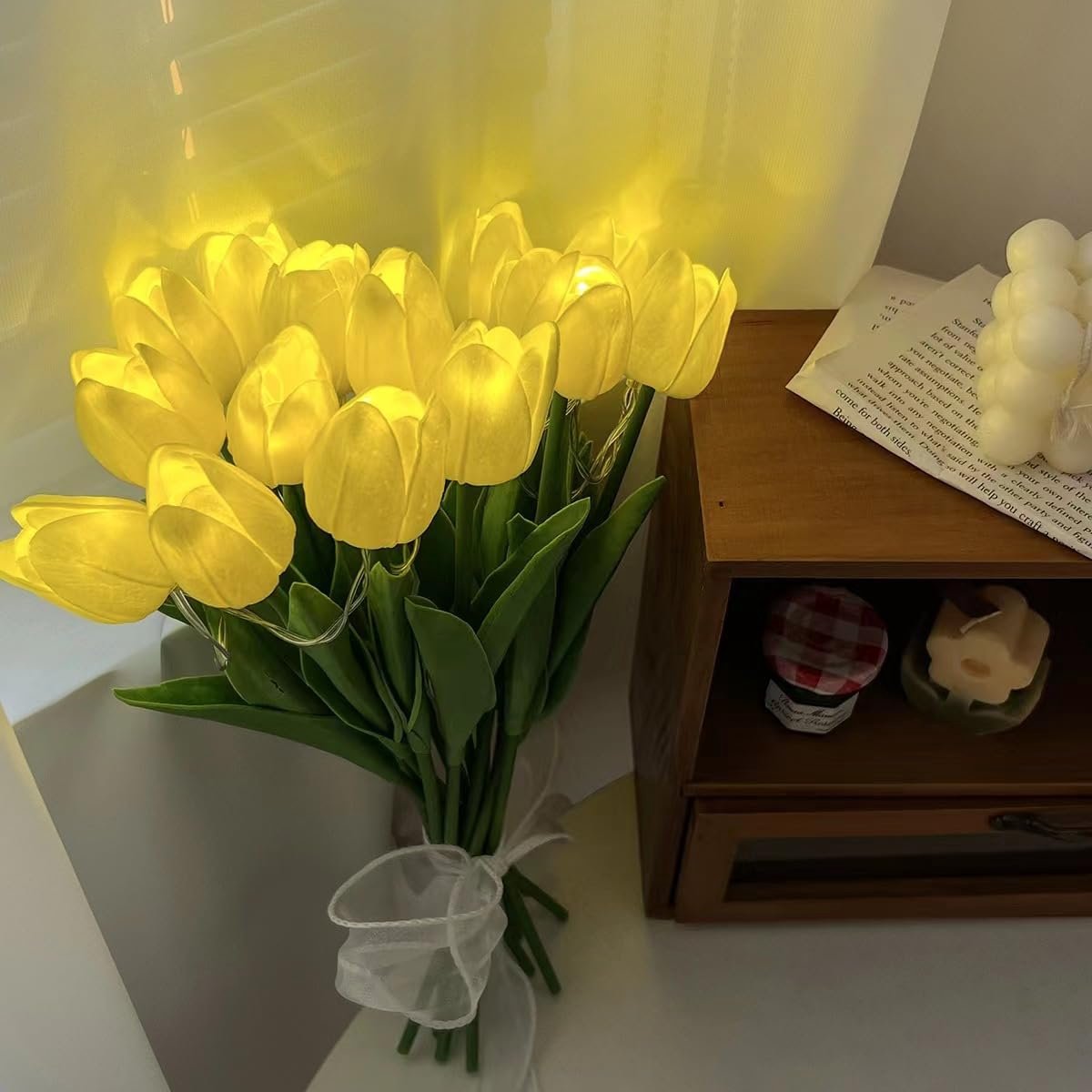Kunsttulpbloemen met LED-verlichting, Real Touch Tulpenboeket, op batterijen, Kerstmis, vakantie, bruiloft, fotografie, thuisdecoratie, creatieve cadeaus (geel, 10 stuks)